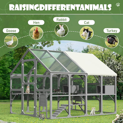 Merax Outdoor Large Catio Cat Enclosure,Wooden Cat House with 7 Platforms, 2 Resting Boxes, 1 Bridge and 1 Ramp, Walk in Kitty Cage Kennel with Sunshine Board Roof, Gray