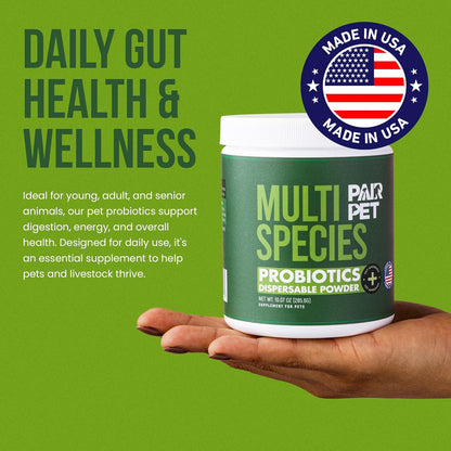 Pet Probiotics for Dogs, Cats, Horses, Goats, Cows & Pigs | Multi Species Dispersible Powder | Supplements for Digestive Health | Cat & Dog Probiotics | Vet Approved & Made in USA | 10 oz | Pair Pet