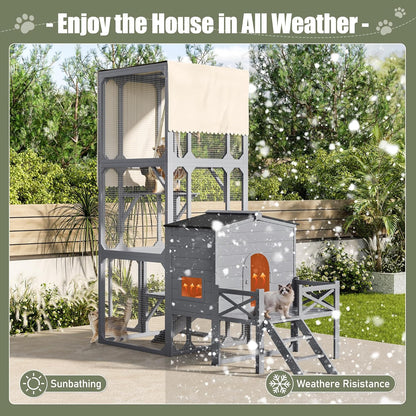 77.25" Large Cat Catio 4 Tiers Cat Enclosure for Outdoor, Cat House with Weatherproof Roof, Platforms,Resting Rooms and Doors for Multiple Cats, Gray