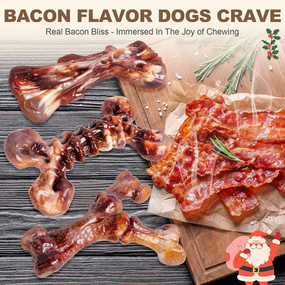Dog Toys for Aggressive Chewers - 3 Pack Bacon Flavored Indestructible Dog Toy, Big Tough Chew Bone for Medium Large Breed 25-80lbs to Keep Them Busy, Holiday Dog Gift (Brown)