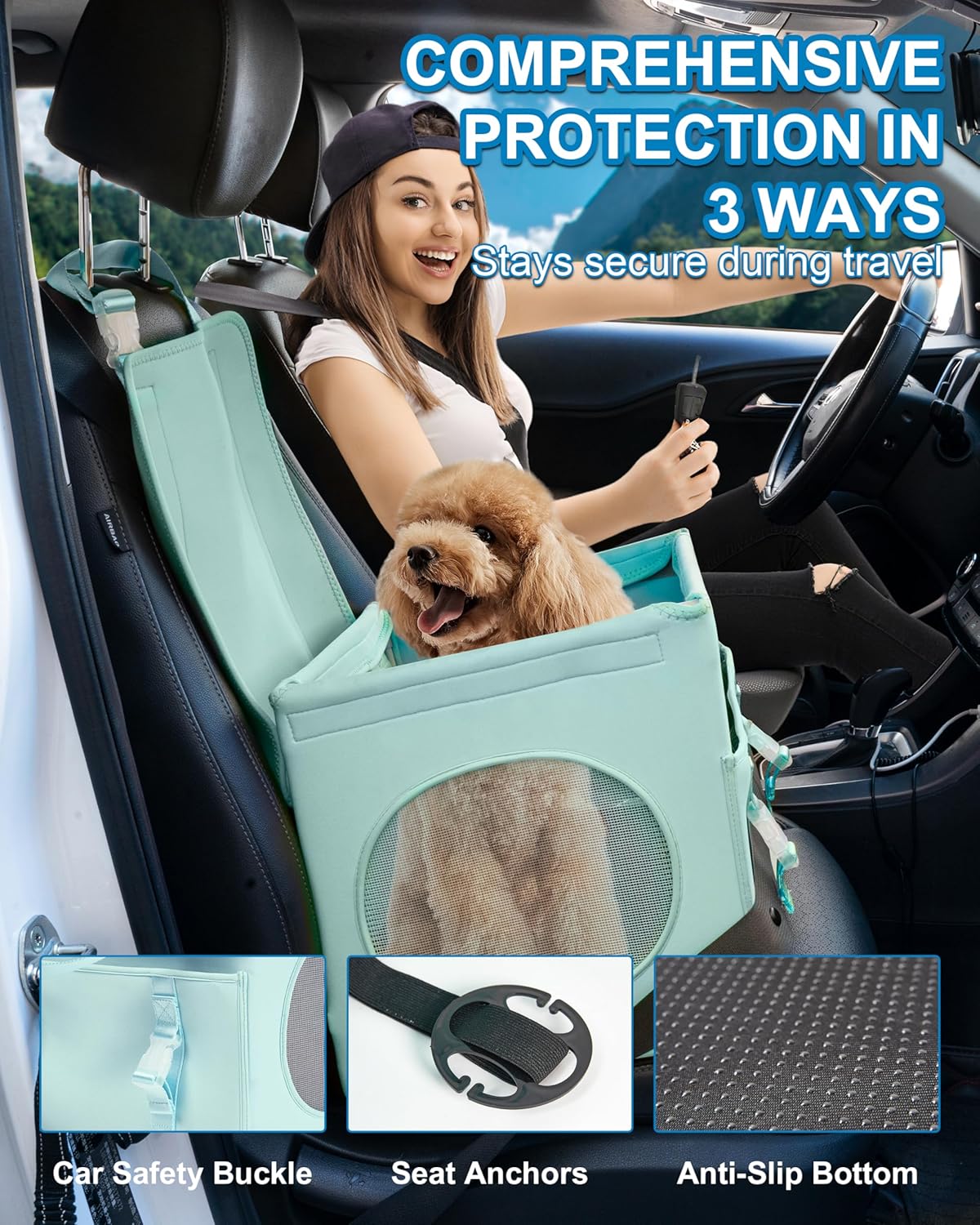 Dog Car Seat for Small Dogs Under 13 lbs Pet Booster Seat with Storage Pocket Foldable Travel Car Bed for Puppy or Cat（Green）