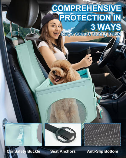 Dog Car Seat for Small Dogs Under 13 lbs Pet Booster Seat with Storage Pocket Foldable Travel Car Bed for Puppy or Cat（Green）