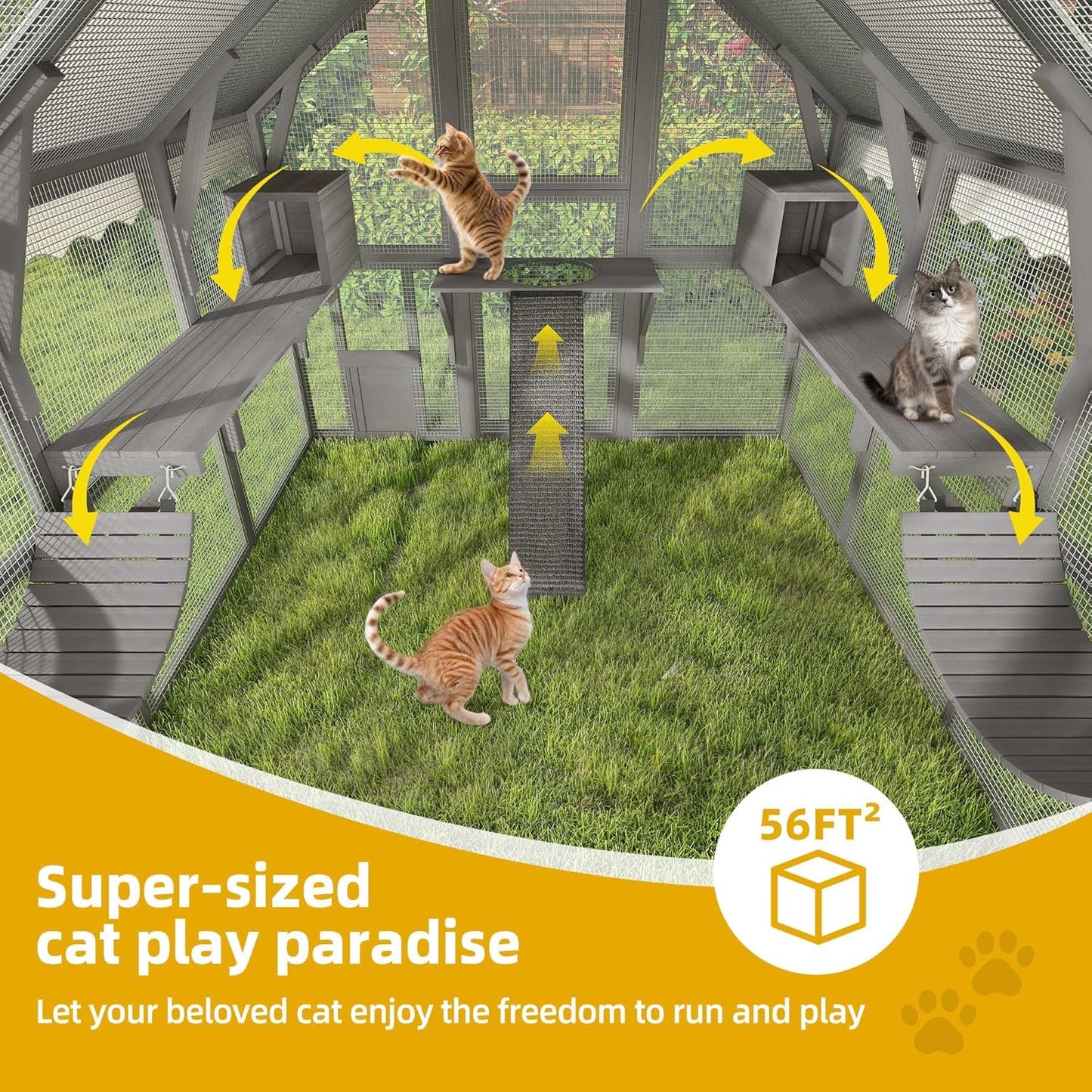 DWVO Extra Large Catio Outdoor Cat Enclosure, 110 inch Outside Cattery with Weatherproof Roof, Cat Scratcher Ramp, Cat Space Capsule Bed, 2 Bridges, 2 Resting Houses, 7 Platforms
