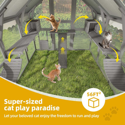 DWVO Extra Large Catio Outdoor Cat Enclosure, 110 inch Outside Cattery with Weatherproof Roof, Cat Scratcher Ramp, Cat Space Capsule Bed, 2 Bridges, 2 Resting Houses, 7 Platforms