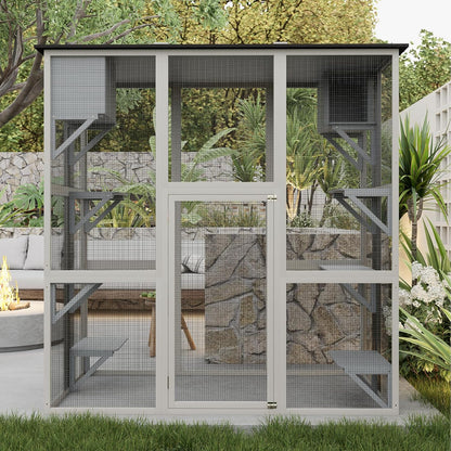 Catio Outdoor Cat Enclosure, Large Walk in Cat House for Outdoor Cats Kitten Enclosure with Weatherproof Asphalt Roof,Cat Cages with 6 Platforms & 2 Napping Boxes, 70.9",Grey