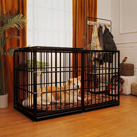 GDFStudio 61 Inch Extra Large Dog Crate with Mat, Heavy-Duty Carbon Steel XL Dog Cage Kennel with Removable Tray and Double Door, Indestructible Escape-Proof Large Dog Crate for Indoor Outdoor, Black