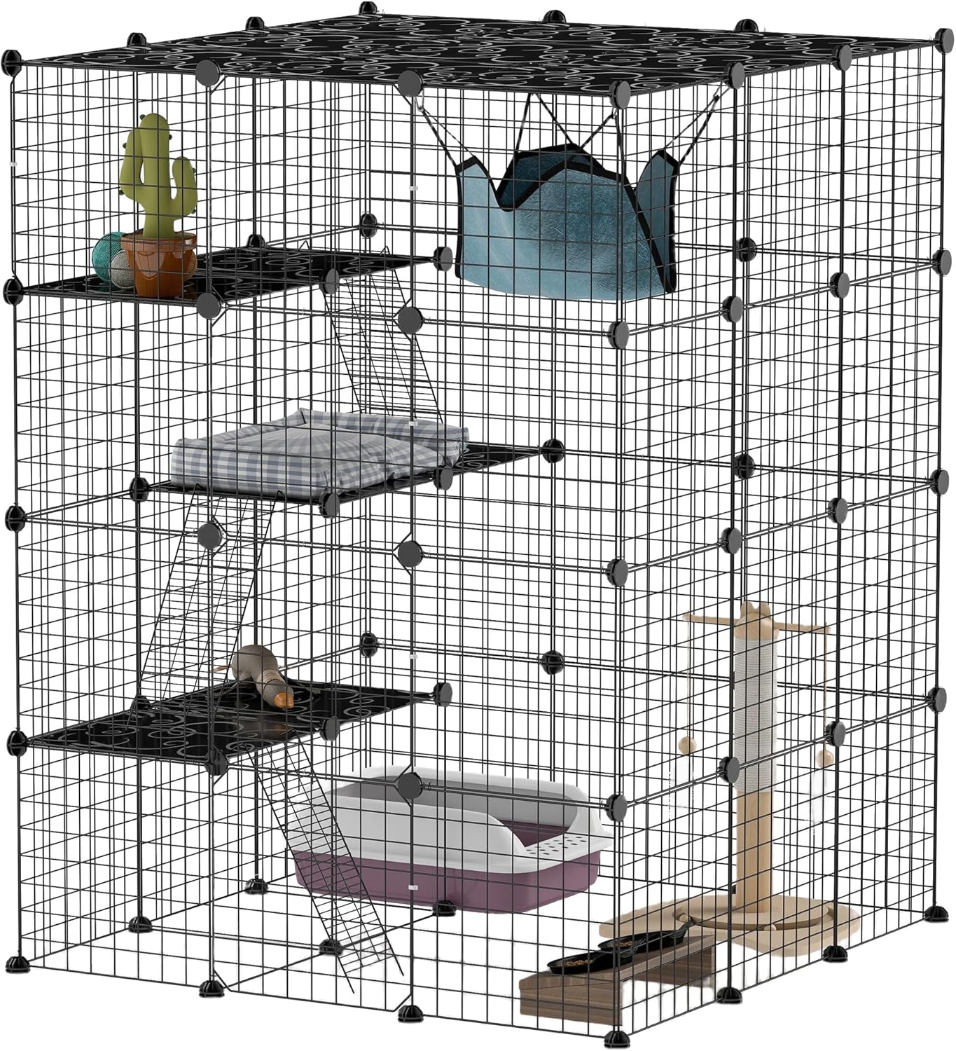 PawHut Cat Cage Indoor, DIY 4 Tier Cat Enclosure with Hammock, 3 x 3 x 4 Detachable Wire Cat Kennel with Ramps, Jumping Platforms, Doors, for 1-3 Cats, 41" L x 41" W x 55" H, Black