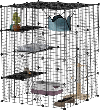 PawHut Cat Cage Indoor, DIY 4 Tier Cat Enclosure with Hammock, 3 x 3 x 4 Detachable Wire Cat Kennel with Ramps, Jumping Platforms, Doors, for 1-3 Cats, 41" L x 41" W x 55" H, Black
