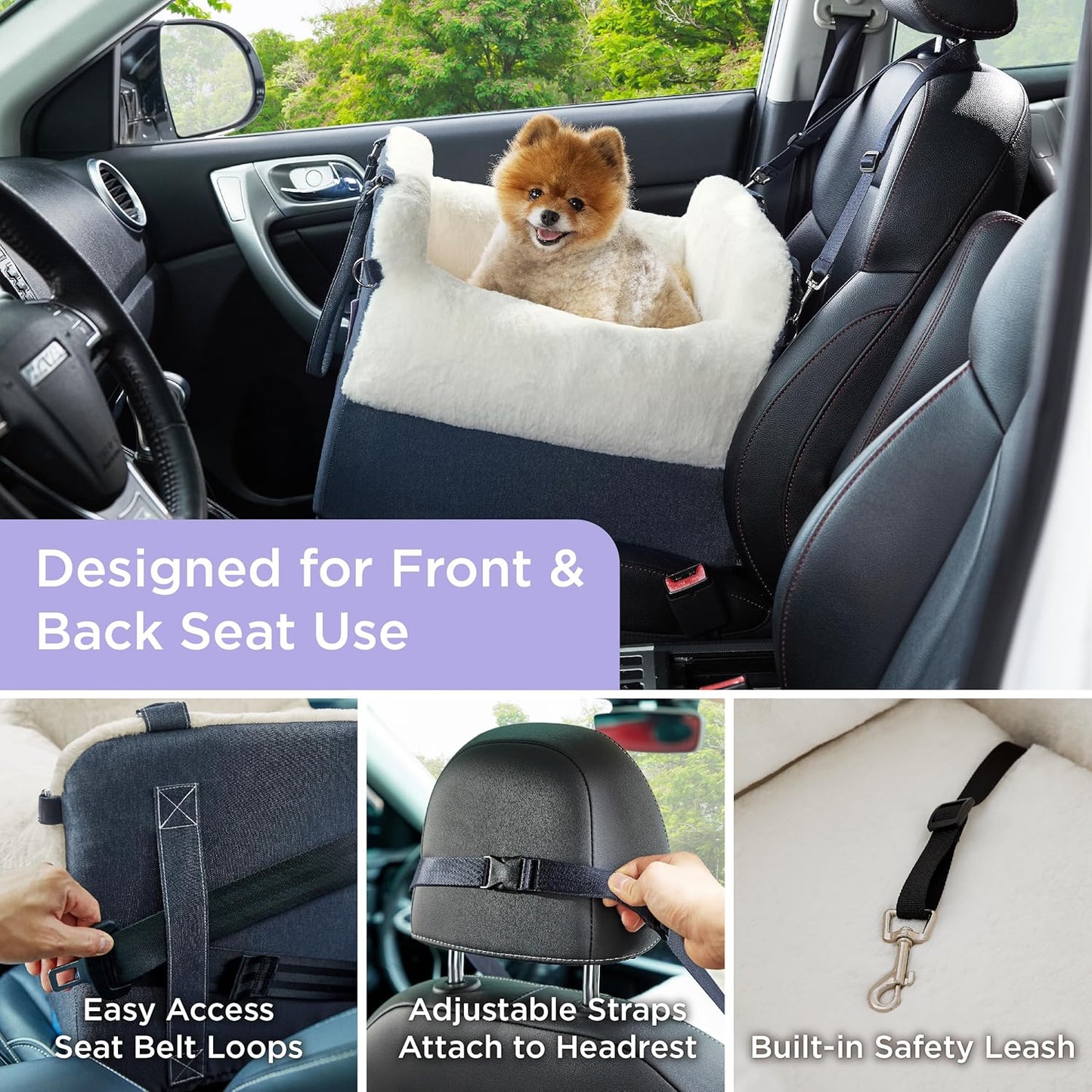 Lesure Dog Booster Bed - Car Seats for Small Dogs, Egg Crate Foam Dog Car Bed with Clip-On Leash Travel accessories, Blue