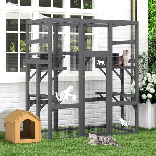 COZIWOW Large 70inches Outdoor Catio, Indoor Cat Cage House with Waterproof Roof, 5 Perches & 2 Condos, Spacious Wooden Cat Enclosure for 2-3 Cats, Stable & Breathable (Grey)