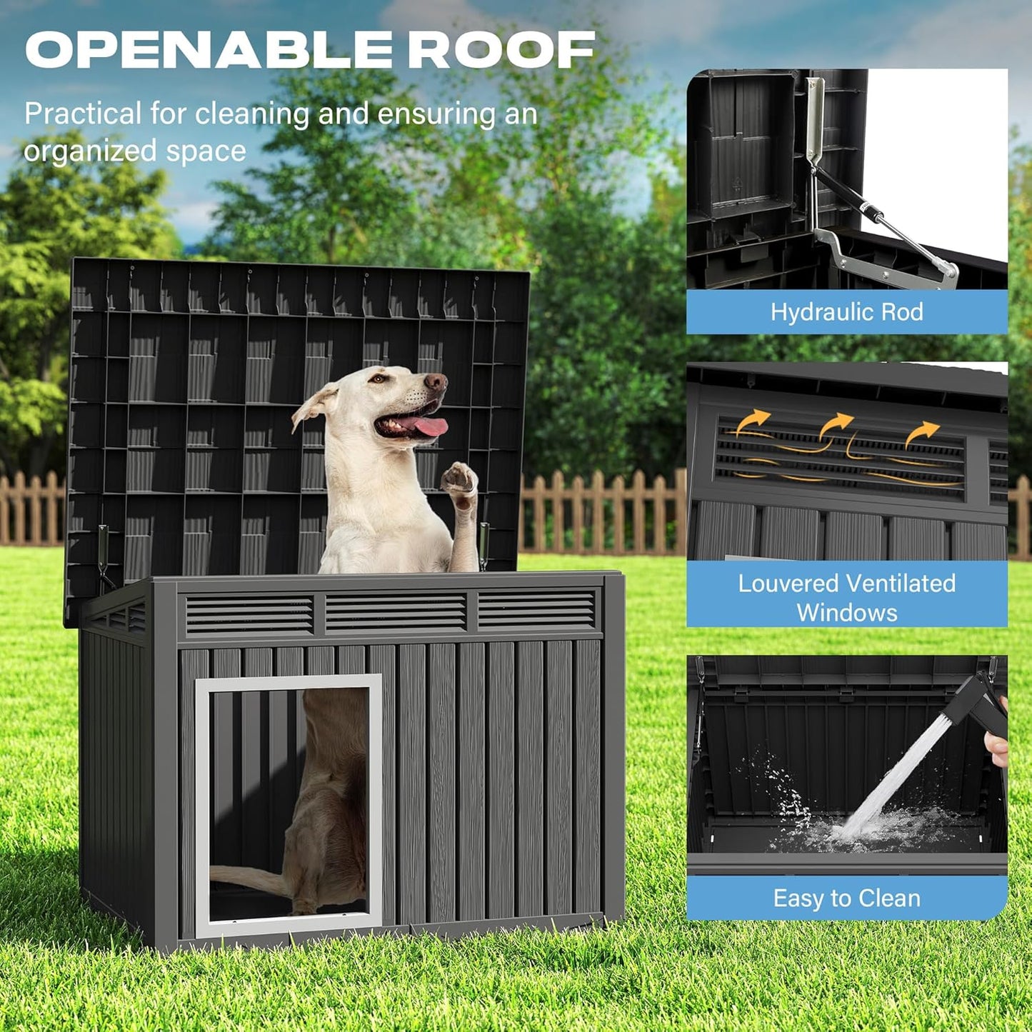 Fancyango Large Weatherproof Dog House with Removable Roof for Indoor & Outdoor Use - Spacious (42.8" L x 33" W x 31.5" H) Classic Black
