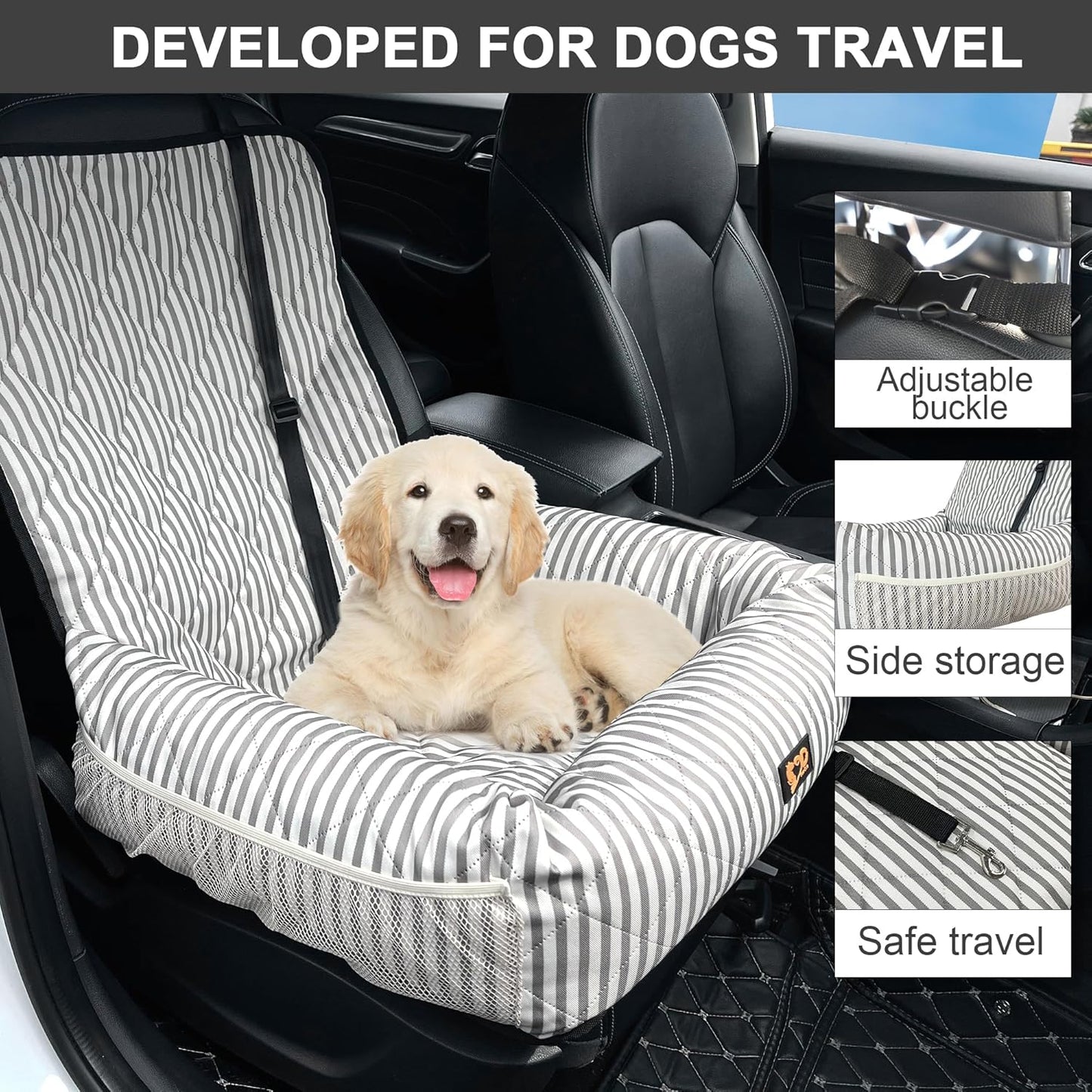 Dog Car Seat for Small and Medium Dogs, Booster Seat Sofa Pet Bed, Portable Car Travel Carrier Bed (Stripes,M)