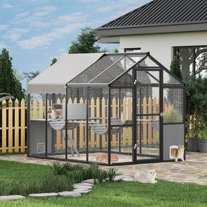 Aluminum Outdoor Cat Enclosure with Weatherproof Roof, Extra Large Catio with Channels, Side Door, UV Proof Cover, Huge Condo, Platform, Walk-in Large Outdoor Catio for Multiple Cats