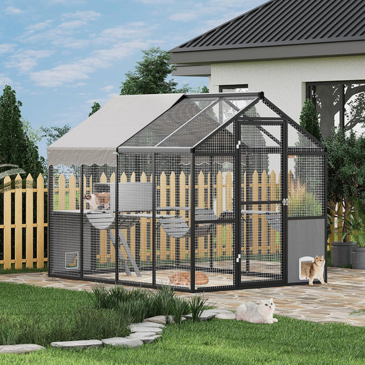 Aluminum Outdoor Cat Enclosure with Weatherproof Roof, Extra Large Catio with Channels, Side Door, UV Proof Cover, Huge Condo, Platform, Walk-in Large Outdoor Catio for Multiple Cats