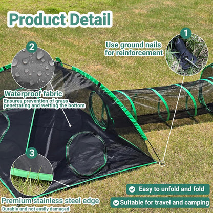 3-in-1 Outdoor Cat Enclosure, Portable Catio for Outside, Outdoor Cat Tent with 2 Tents and 1 Straight Tunnel, Green Enclosed Playpen for Kitty and Other Small Animals, Support Expansion