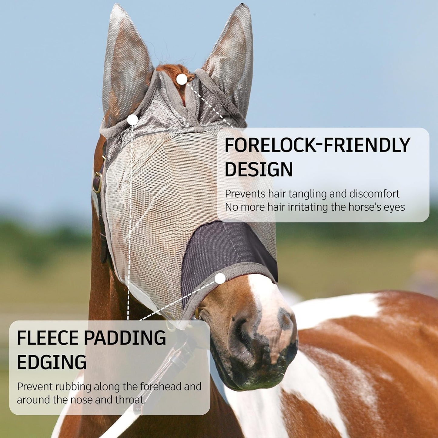 Horse Fly Mask, Super Comfort Fly Masks for Horses, Adjustable UV Protection Breathability Horses Fly Masks with Ears, Pony Mini Equine Fly Mask for Miniature Foal Draft Cob Srabian Full (Gray, L)