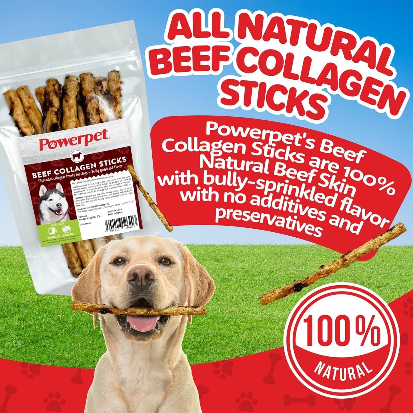 Powerpet Beef Collagen Sticks Soft Dog Chew - 100% Natural & Highly Digestible, High Protein, Low Fat, Rawhide-Free for Hip & Joint and Skin & Coat, Healthy Treats - Bully Sprinkled Flavor, Pack of 10
