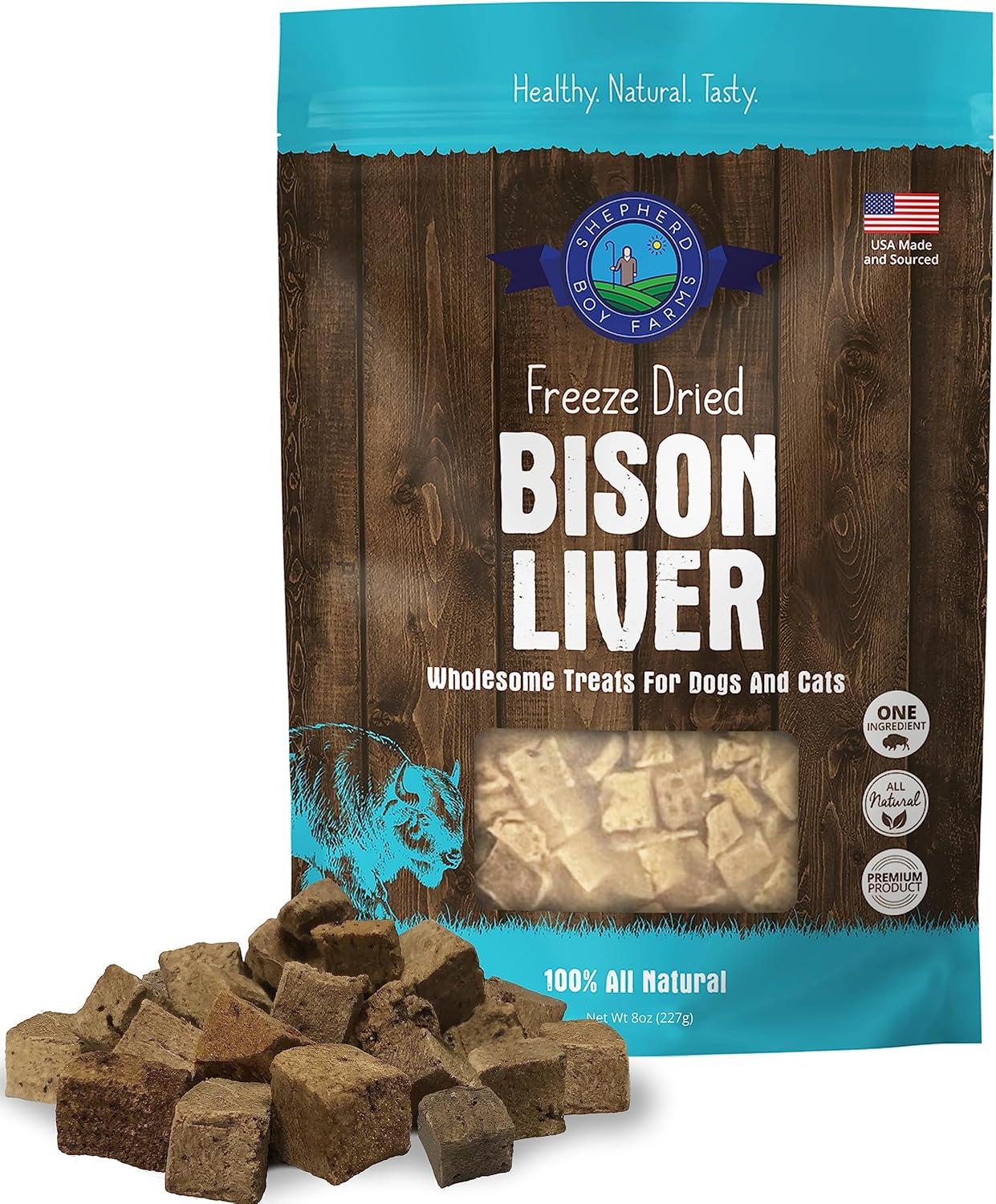 Shepherd Boy Farms Freeze Dried Dog and Cat Treats, Bison Liver, All Natural Freeze-Dried Dog Treat & Snacks, Made in USA, High in Protein, Essential Nutrition of Raw Food, 8oz