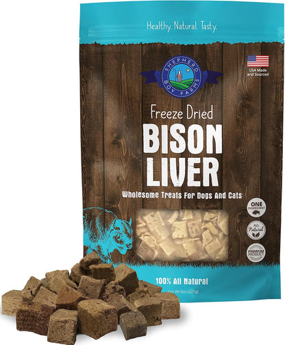 Shepherd Boy Farms Freeze Dried Dog and Cat Treats, Bison Liver, All Natural Freeze-Dried Dog Treat & Snacks, Made in USA, High in Protein, Essential Nutrition of Raw Food, 8oz