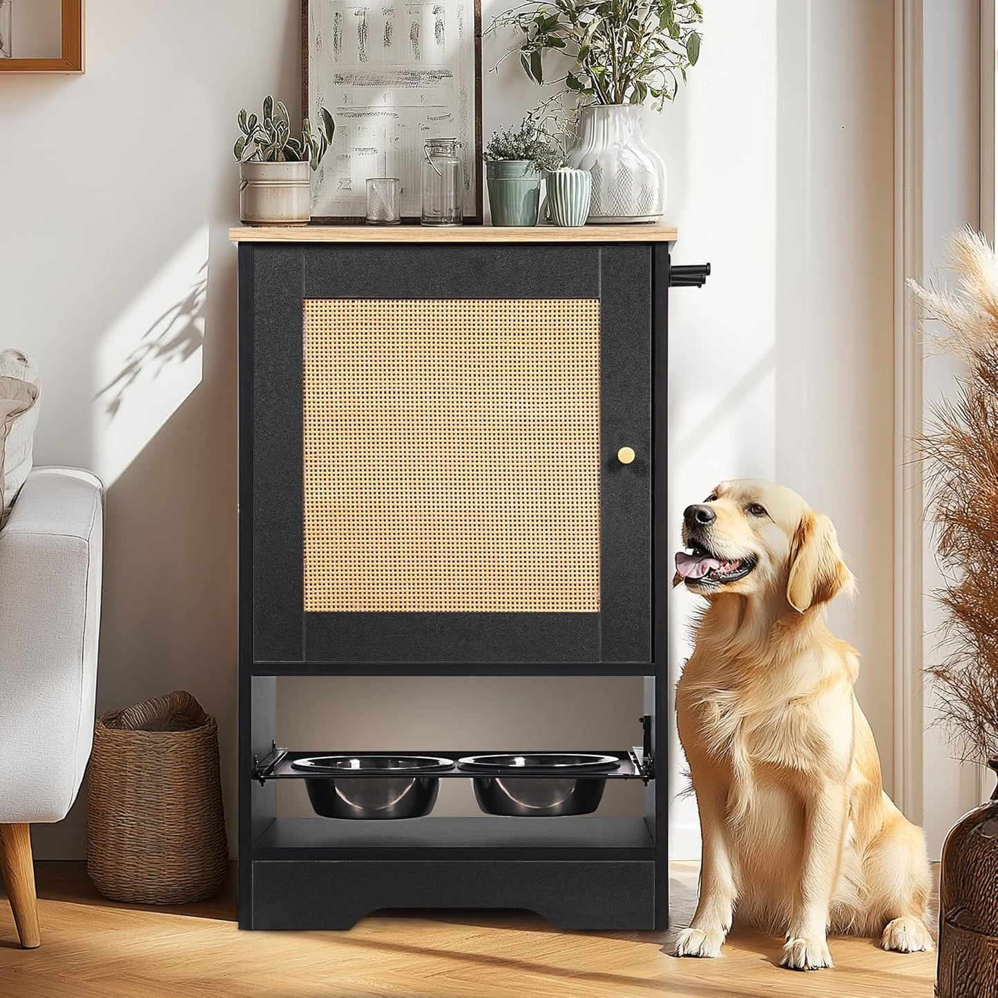 LUMILAND Elegant Pet Feeding Station for Comfort and Convenience, 2 Elevated Bowls and Storage Cabinet, Modern Black Design