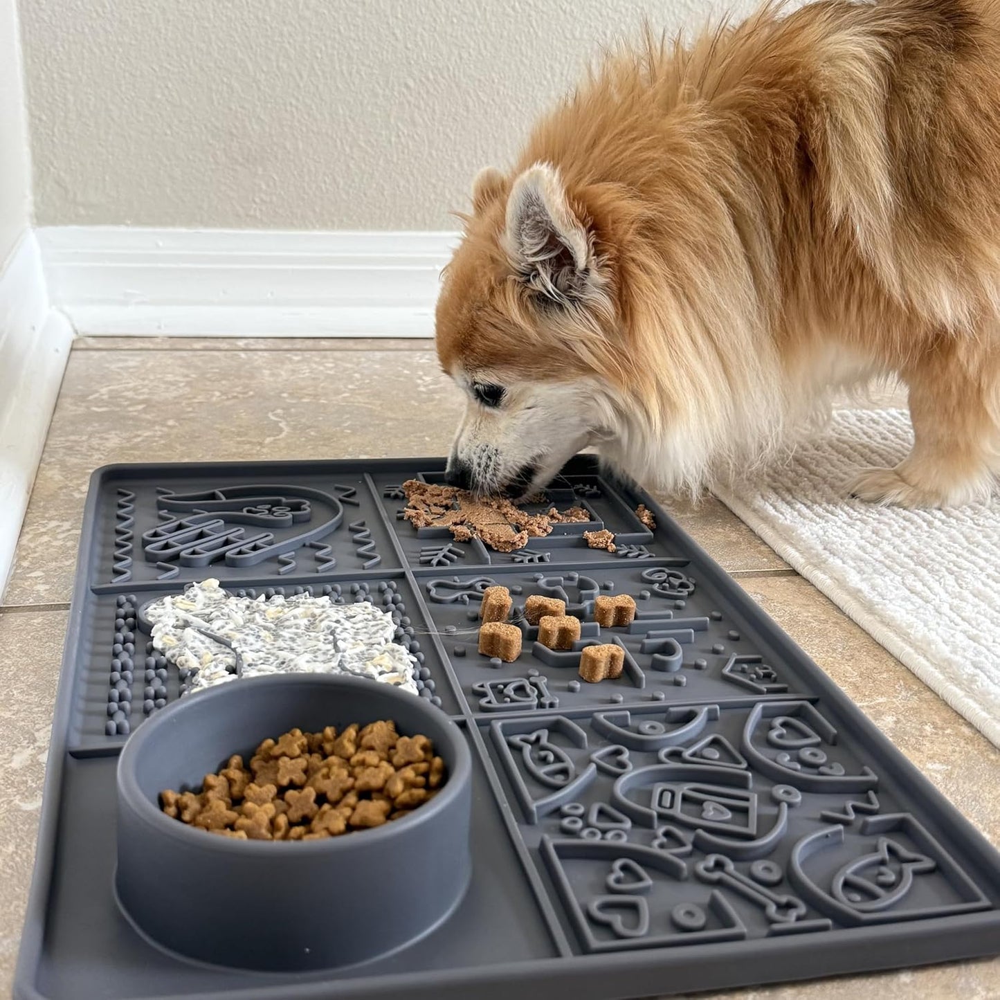 Tails & Tales Large Lick Mat for Dogs & Cats (11.2×16.7 in) with Strong Suction Cups, Slow Feeder Licking Pad for Anxiety Relief, Boredom & Bathing, Dog Enrichment Toy for Peanut Butter Yogurt (Gray)