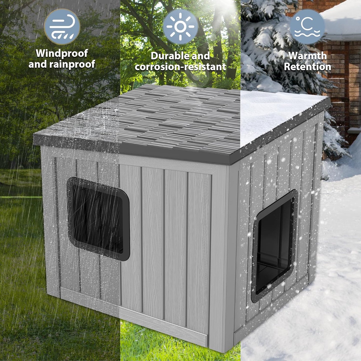 LHBcraft Outdoor Cat House Weatherproof, Clawsable Cat Houses for Outdoor Indoor Cats, Feral Cat House Shelter, Resin Insulated Material, Emergency Exit Easy to Clean and Install, Black