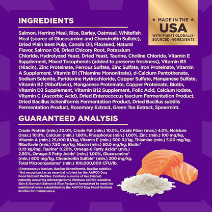 Wellness CORE+ Sensitive Skin & Stomach Dry Dog Food with Freeze Dried Pieces, Wholesome Grains, High Protein, Natural, Salmon & Rice Recipe, (4-Pound Bag)