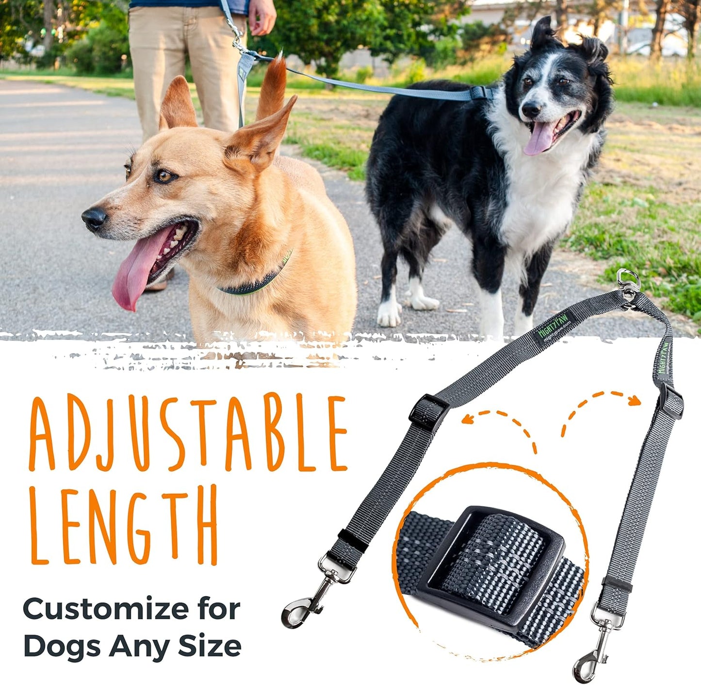 Mighty Paw Double Dog Leash - Double Leash for Two Dogs No Tangle Design. Split Lead for 2 Pets. Adjustable to Fit All Sized Breeds. Reflective Dual Pet Lead for People with 2 Pups