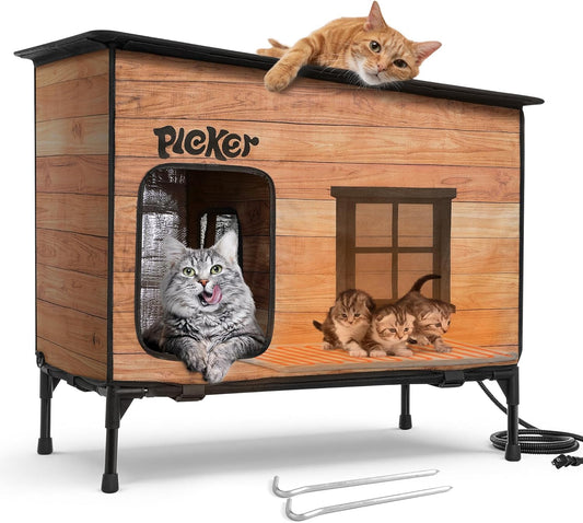 Heated Cat House for Outside: Apartment Design 31.5" Waterproof & Insulated Outdoor Cat House for Winter, Weatherproof Elevated Feral Cat Shelter with Heating Pad, Warm Houses for Outdoor Cats Stray
