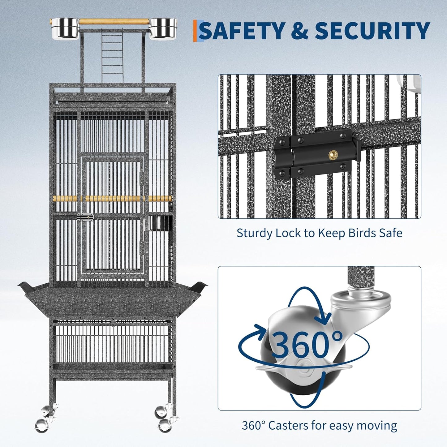 Spacious 61 Inch Metal Bird Cage with Play Top – Rolling Stand, Feed Bowls, Easy Clean, Secure Lock – Ideal for Parakeets, Conures, Cockatiels, Cockatoos, Exploding Silver