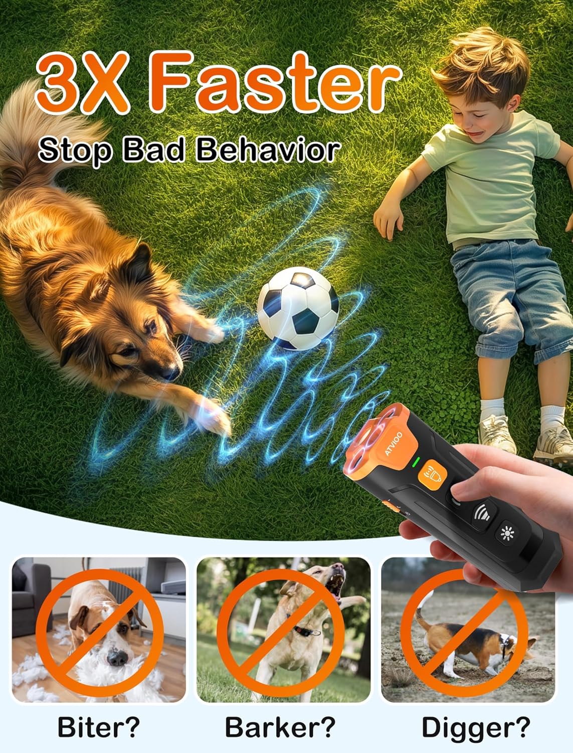 Dog Bark Deterrent Device– Ultrasonic Anti Barking Device for Dogs, 3X Emitters, Rechargeable Trainer for Dogs 6M–8Y, Indoor/Outdoor (Black)