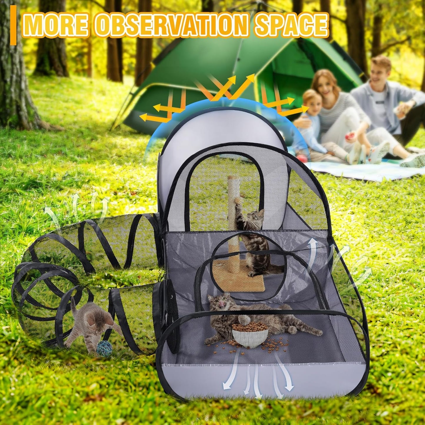 Portable Cat Playpen with Surround Tunnel, 2-Linked-Enclosed Areas, Ideal Cat Tent Outdoor or Cat Playpen for Indoor Cats Enclosed.Breathable Mesh Design for Indoor & Outdoor Use