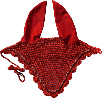 Horse Ear Bonnet Ear Net Hat Fly Bonnet Hood Mask Fly Veil Full Hand Made Cotton (RED, Horse/Full)