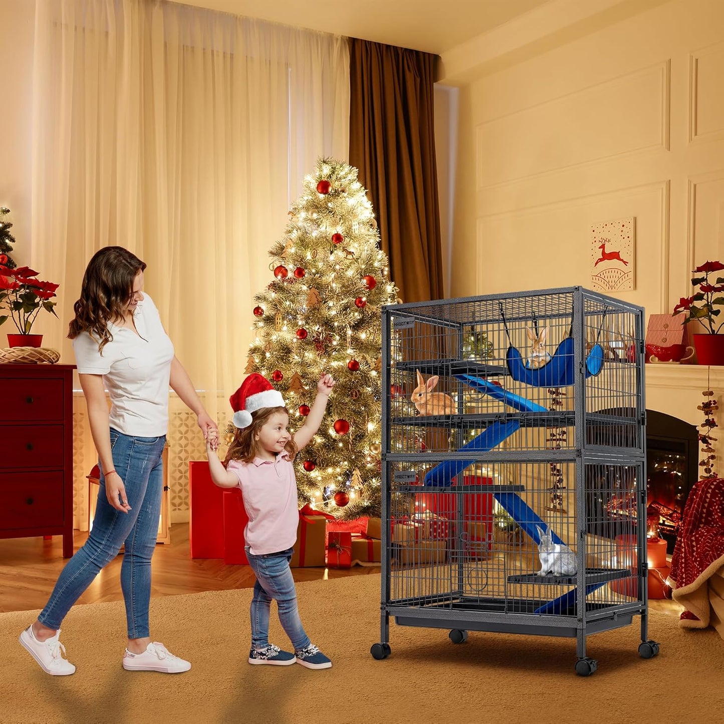 HABUTWAY 50''H Metal Small Animal Cages, Rolling Chinchilla Cage with Removable Ramps, Lagre Critter Nation Cage for Chinchillas/Guinea Pigs/Rabbit, Ferret Cages with Hammock & 5 Tiers, Black