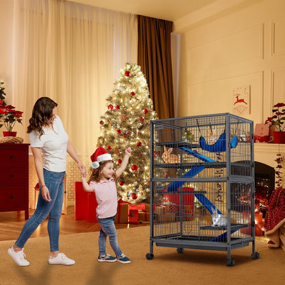 HABUTWAY 50''H Metal Small Animal Cages, Rolling Chinchilla Cage with Removable Ramps, Lagre Critter Nation Cage for Chinchillas/Guinea Pigs/Rabbit, Ferret Cages with Hammock & 5 Tiers, Black