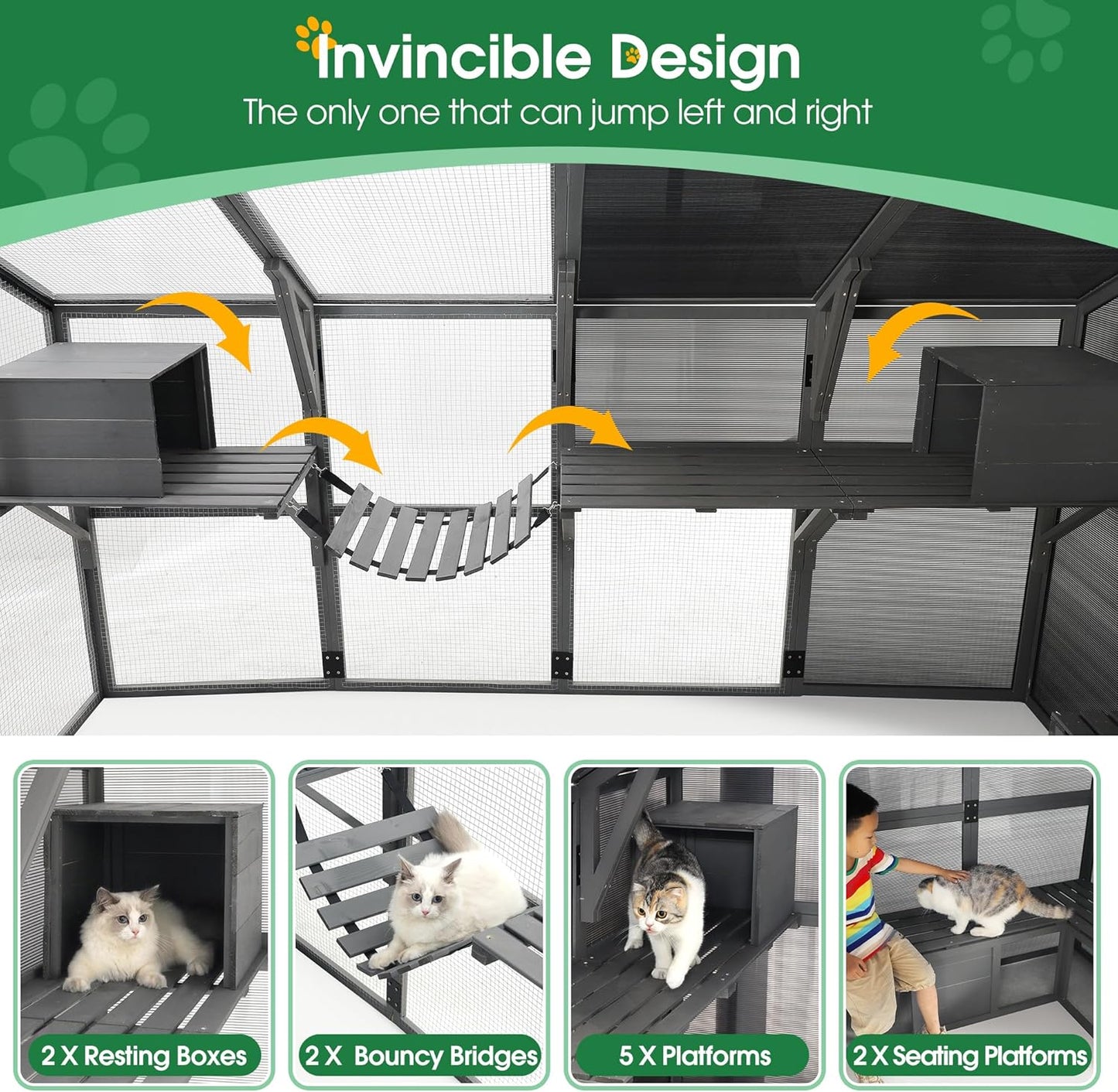 KEIKI Luxury Wooden Cat Cage Outdoor Cat Catio Enclosure 56ft²Extra Large Kitten Run House for Multiple Pets, Walk in Kitten Kennel with Bouncy Bridge, Platforms, Resting Houses, UV Resistant, Gray