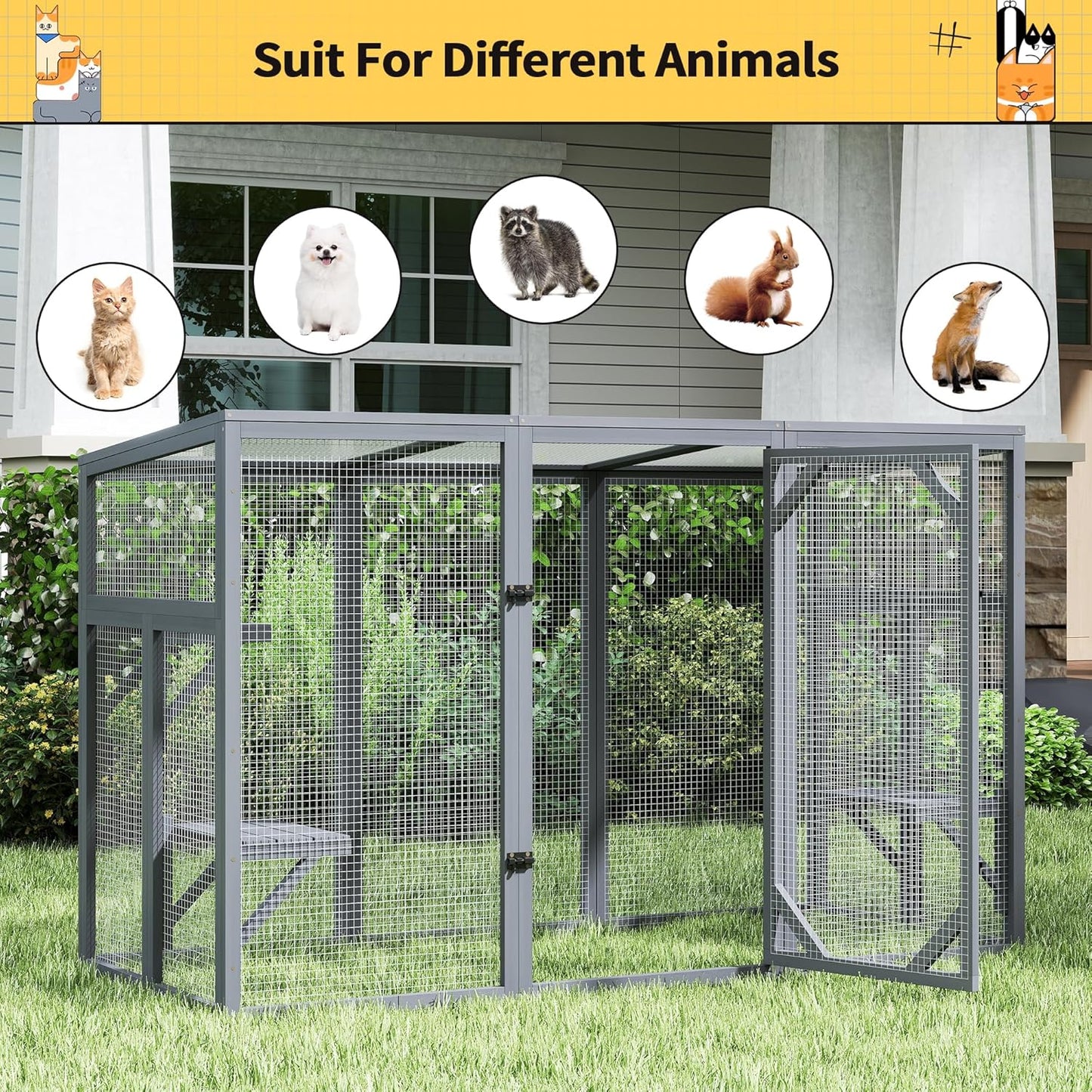Outdoor Cat Catio House, Wooden Cat Habits with 3 Platforms, Lockable Doors, Top PC Sun Roof, Patio Yard Window Enclosures, Weatherproof, Gray