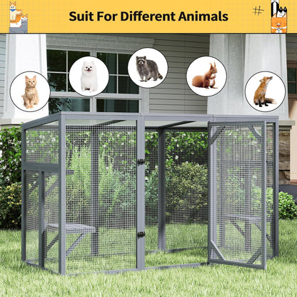 Outdoor Cat Catio House, Wooden Cat Habits with 3 Platforms, Lockable Doors, Top PC Sun Roof, Patio Yard Window Enclosures, Weatherproof, Gray