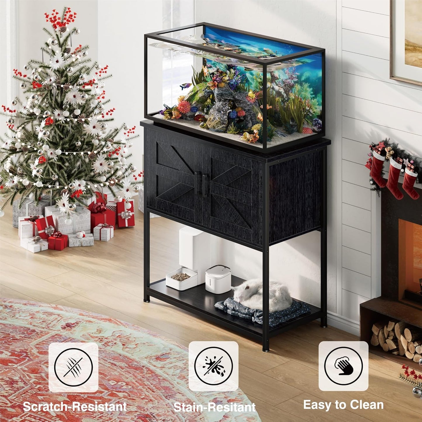 20-29 Gallon Wood Farmhouse Aquarium Stand with Cabinet - 3-Tier Heavy Duty Metal Frame Fish Tank Stand with Storage, Turtle Reptile Tank Stand, 330LBS Capacity, 31.5" L Tabletop, Black