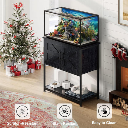 20-29 Gallon Wood Farmhouse Aquarium Stand with Cabinet - 3-Tier Heavy Duty Metal Frame Fish Tank Stand with Storage, Turtle Reptile Tank Stand, 330LBS Capacity, 31.5" L Tabletop, Black