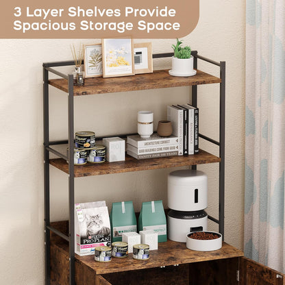 Cat Litter Box Enclosure with 2-Tier Storage Shelves and Doors, Hidden Cat Washroom Furniture with 2 Doors and Ventilation Holes, Indoor Large Cats House Cabinet Bookshelf for Most Litter Box - Brown