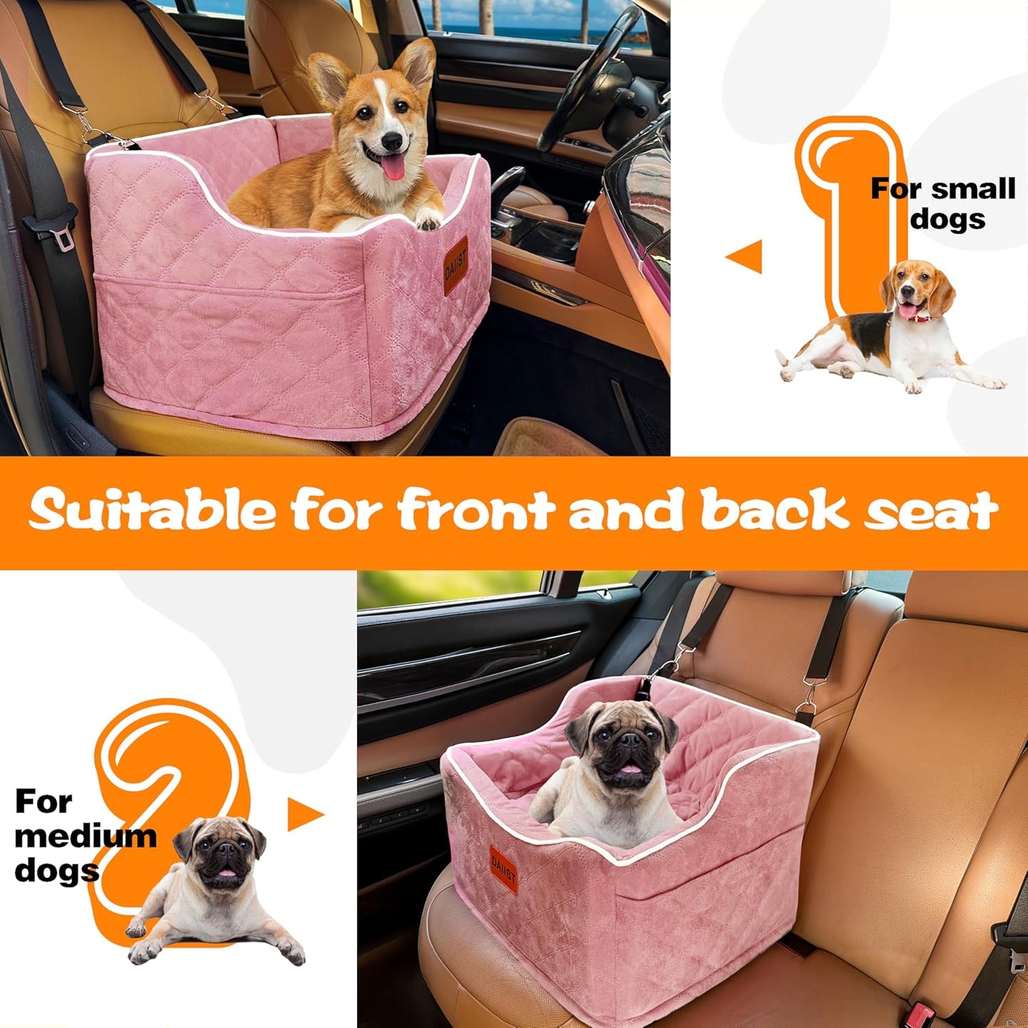 Dog Car Seat for Small Medium Dogs, Detachable Washable Dogs Booster Seat Under 35lbs, Elevated Dog Car Bed with Storage Pockets (Pink, One Size)