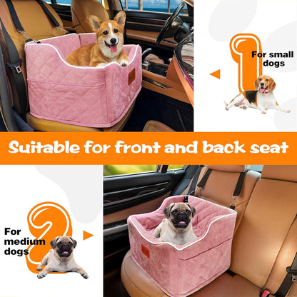 Dog Car Seat for Small Medium Dogs, Detachable Washable Dogs Booster Seat Under 35lbs, Elevated Dog Car Bed with Storage Pockets (Pink, One Size)