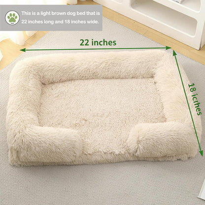 Orthopedic Dog Bed for Medium Dogs - Washable Memory Foam Pet Sofa, Fluffy Plush Rectangular Bed, Waterproof Anti-Anxiety Couch, Light Brown, M