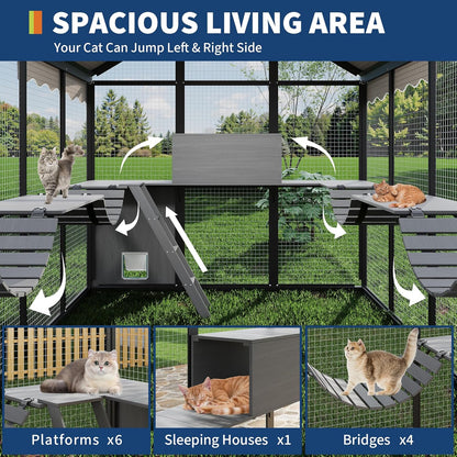 Aluminum Outdoor Cat Enclosure with Weatherproof Roof, Extra Large Catio with Channels, Side Door, UV Proof Cover, Huge Condo, Platform, Walk-in Large Outdoor Catio for Multiple Cats