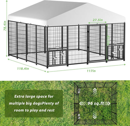 LOVMOR Outdoor Dog Kennel with Roof, Heavy Duty Steel Dog Run Enclosure for Large Dogs, Waterproof Canopy, Double Latch Door, Adjustable Feeding Bowls, Pet Pen for Yard and Patio, 10’L x 10’W x 6.5’H