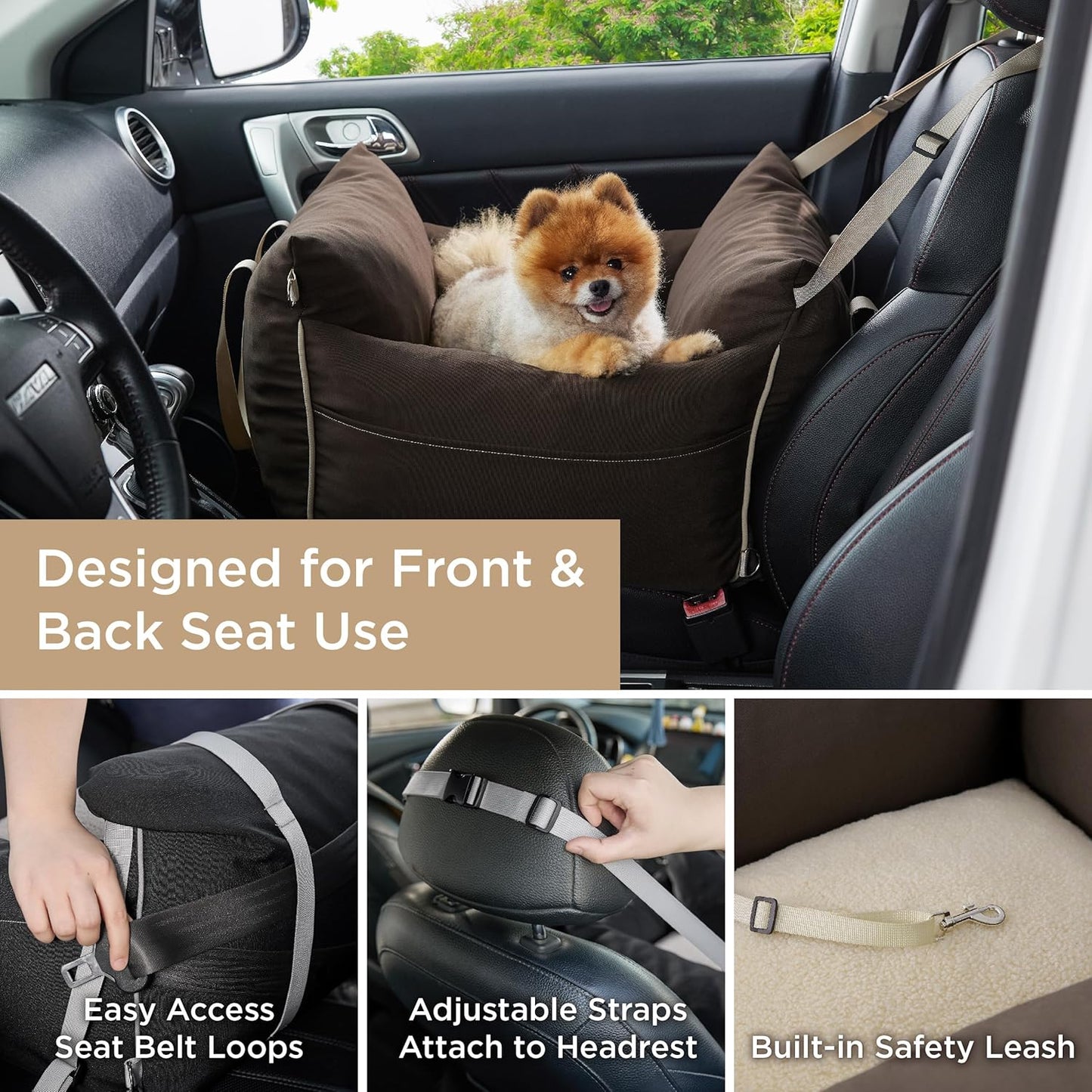 Lesure Small Dog Car Seat for Small Dogs - Soft Dog Booster Seat for Car with Storage Pocket and Clip-On Safety Leash and Thickened Memory Foam Filling, Pet Travel Carrier Bed Brown