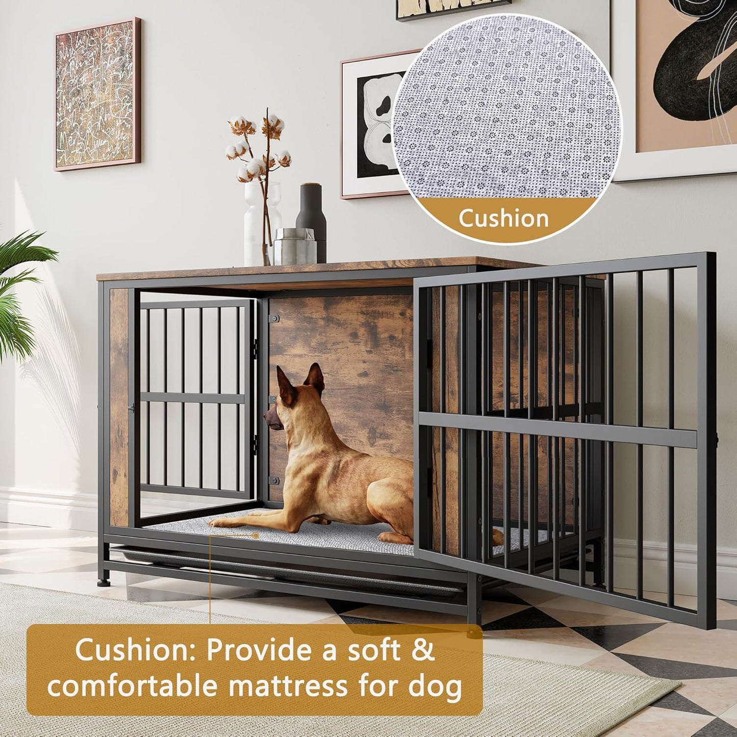 LUMILAND Stylish Dog Crate Furniture for Ultimate Comfort, Multi-Functional and Chew-Resistant Design, Rustic Brown