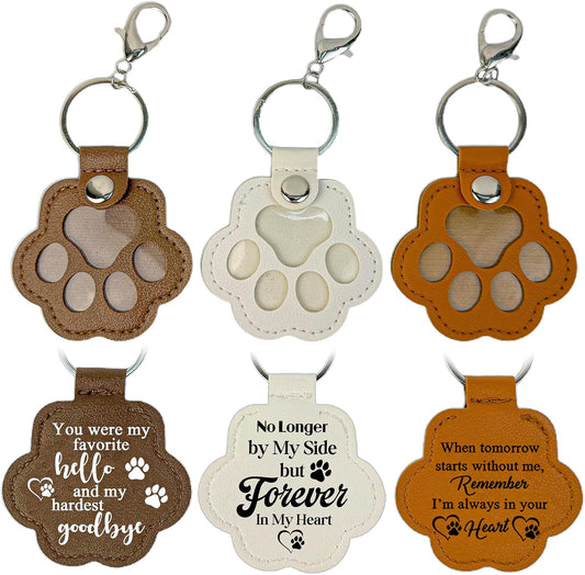 3 Pcs Pet Paw Keychain – Refillable Leather Paw Print Keepsake for Dog or Cat Hair, Transparent Pet Memorial Keychain with Compartment, Sympathy Gift for Pet Lovers, Fur Animal Ornaments Paw Shaped