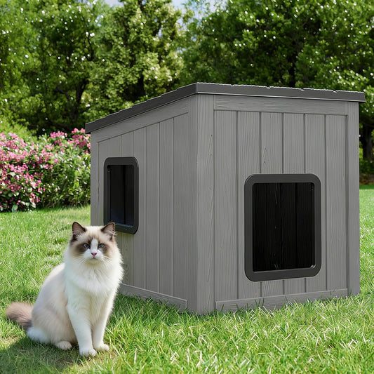 LHBcraft Outdoor Cat House Weatherproof, Clawsable Cat Houses for Outdoor Indoor Cats, Feral Cat House Shelter, Resin Insulated Material, Emergency Exit Easy to Clean and Install, Black